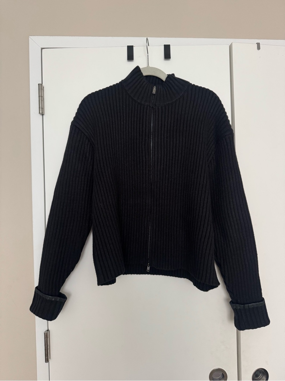 RAINS Black Ribbed Knit Zip-Up Bomber Jacket